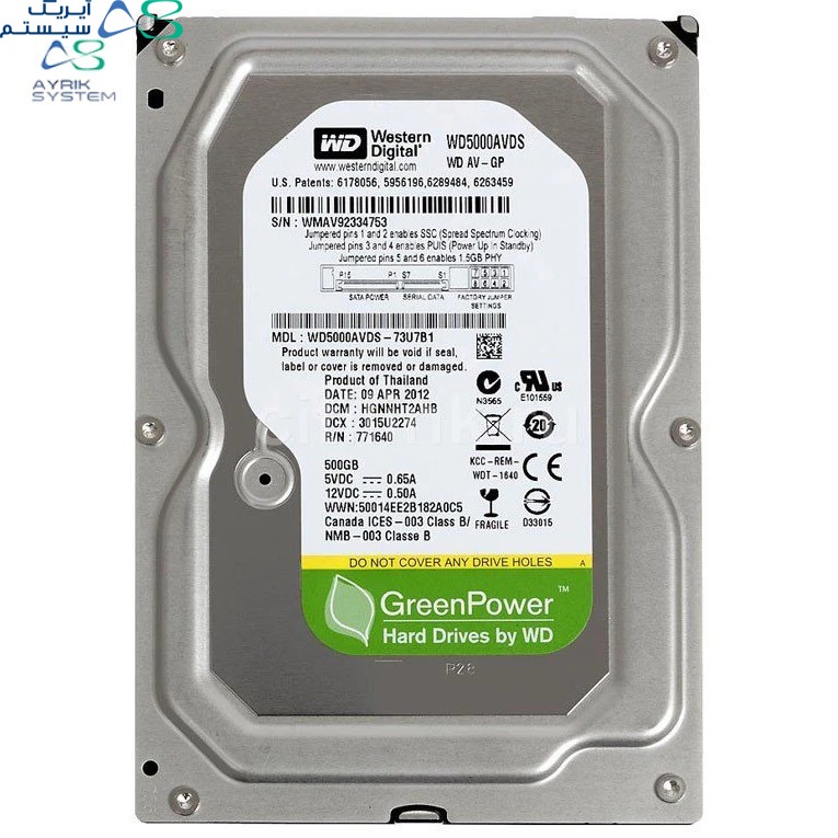 هارددیسک اینترنال وسترن دیجیتال سری سبز مدل WD500AVDS ظرفیت 500 گیگابایت 